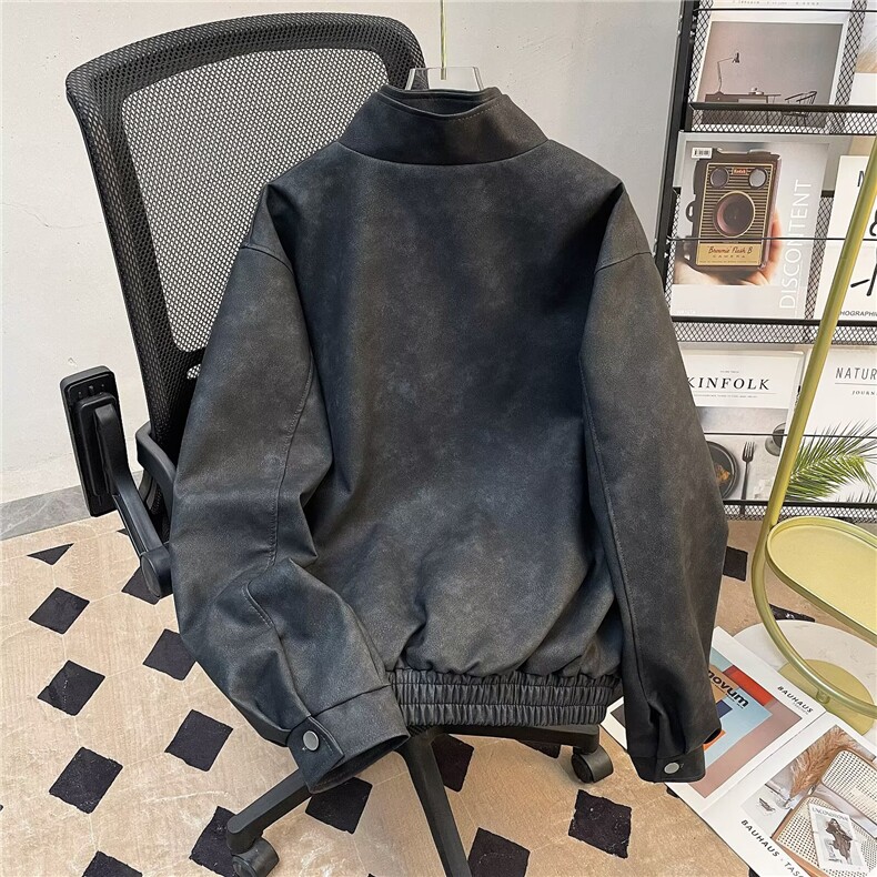 短款痞帅廓形皮衣外套男装宽松立领机车风PU皮夹克2818P78,男装皮衣,星座410-2