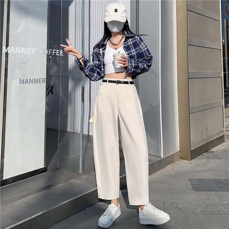 2024春夏新款高腰阔腿裤女宽松裤子显瘦休闲哈伦裤口袋设计雅痞，女装休闲裤，梦白服饰厂