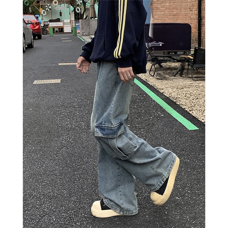 阔腿工装牛仔裤男大口袋宽松裤子水洗复古高街拖地长裤N6110-P55,男装牛仔裤,星座308B-2