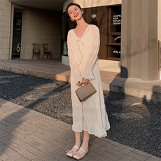 法式长袖连衣裙女2024夏新款慵懒度假风海边开衫长裙，女装连衣裙，灵力轩