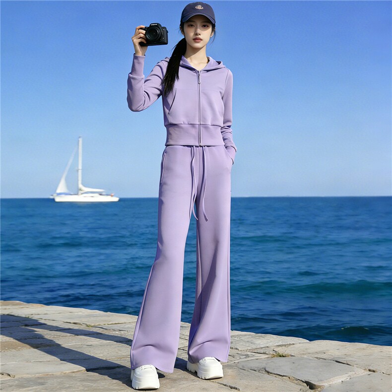 欧货慵懒风时尚套装女春季设计感纯色连帽外套休闲阔腿长裤两件套,女装套装/套裙,江南