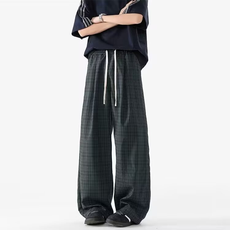 时尚复古格子松紧腰抽绳休闲裤长裤秋款大码阔腿裤男女h8042P40,男装休闲裤,星座1013-1