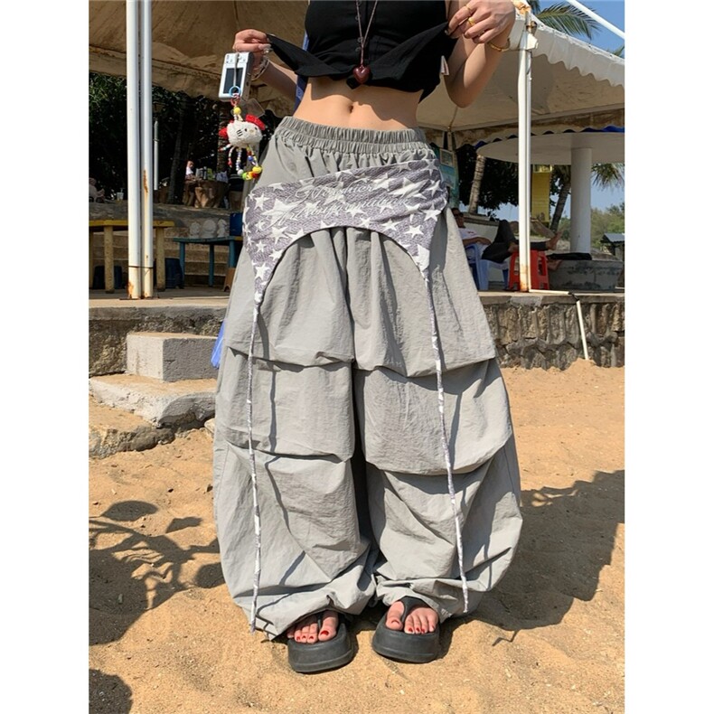美式街头屁帘飘带设计多色长裤夏季宽松阔腿休闲打褶堆积感裤子潮,男装休闲裤,星座1210-1