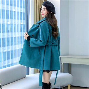 主推冬季双排扣中长款立领九分袖纯色简约时尚减零呢子斗篷大衣，女装毛呢外套，韩美纤衣