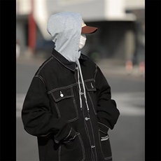 日系古着感纯黑色牛仔棉服男工装棉衣冬季潮牌外套，男装夹克，星座716-2