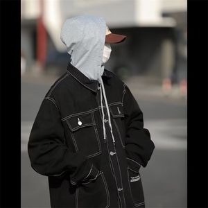 日系古着感纯黑色牛仔棉服男工装棉衣冬季潮牌外套图片
