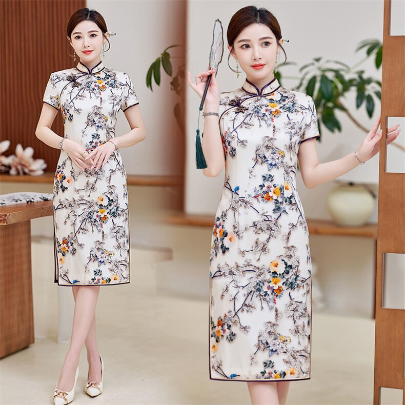 中式洋气旗袍品牌正品女夏装年轻款日常温柔真丝唐装连衣裙礼仪服，女装汉服/婚纱/旗袍/礼服，小荷流