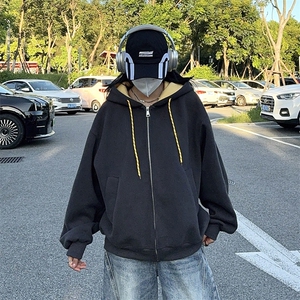抖音得物二开美式高街重磅结构双层撞色连帽卫衣开衫外套W116图片