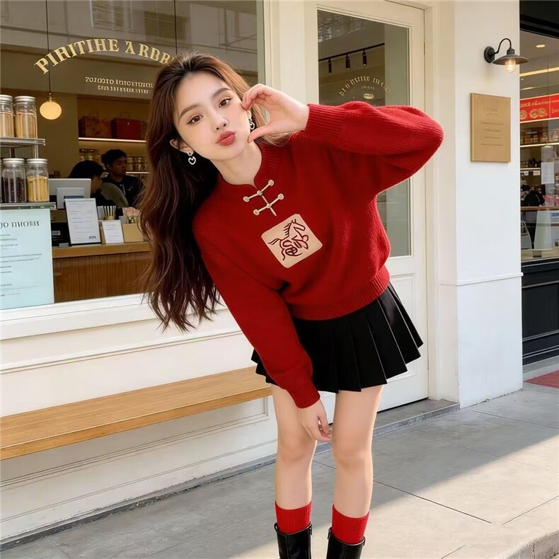 1506-1/MH481/P57新中式风盘扣白马红色圣诞毛衣男女本命年马年图片
