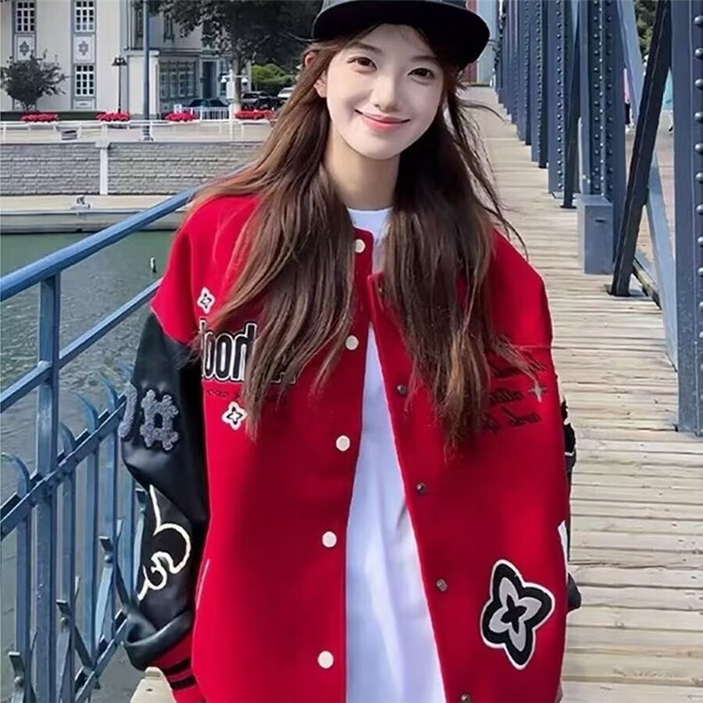 1506-1/JWT1081/P68白敬亭同款红色刺绣贴布棒球夹克美式休闲男女图片