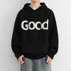 连帽毛衣复古套头针织帽衫男GOOD印花潮牌秋冬慵懒风情侣外套，男装针织衫/毛衣，星座914