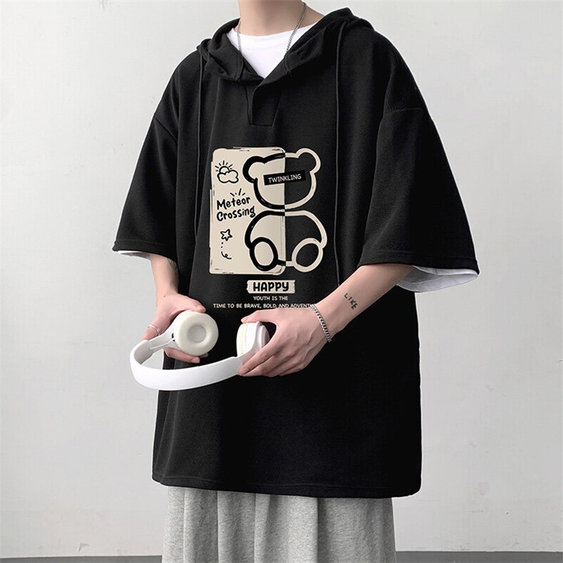 LD54352-P45NASA连帽短袖t恤男大码胖子带帽五分袖中袖,男装T恤,电商A040