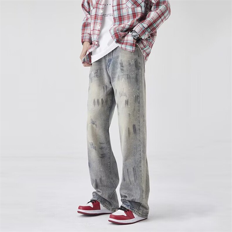泼墨脏脏牛仔裤26@新款美式高街休闲宽松直筒裤子K70716P47网络图，男装牛仔裤，电商B245