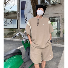 情侣装夏装新款华夫格撞色拼接套装男女宽松半袖T恤潮D295P68，男装T恤，电商A335-1（原A458）