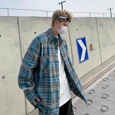 美式街头复古格子长袖衬衫男潮牌嘻哈刺绣宽松休闲百搭衬衣，男装衬衫，星座716-3
