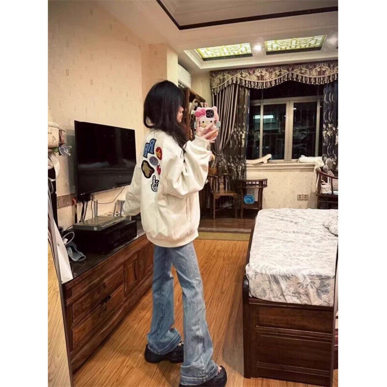 美式复古高街黑八刺绣徽章字母夹克棒球服男女情侣夹棉春秋季,女装短外套,星座506A