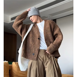 Q84-P532025圆领开衫毛衣男秋冬季宽松休闲外套韩系潮流简约,浅色格子衬衫如何搭配图片
