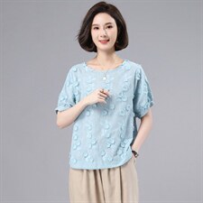 2022夏装新款时尚纯色T恤立体绣花宽松圆领文艺短袖上衣潮，女装T恤，奕阳依阁