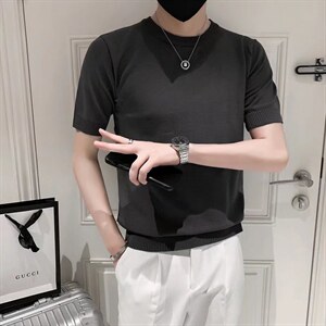 男春季潮韩版宽松百搭情侣冰丝短袖针织衫S251P35图片