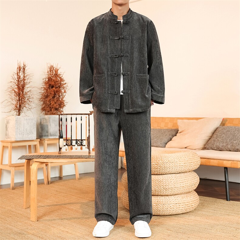 风厚款套装长袖立领盘扣男士纯色套装两件套秋DSA008-TZ2526图片