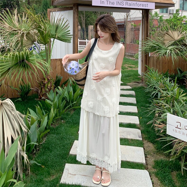 松弛感穿搭白色无袖背心连衣裙女夏超火绝美度假长裙假两件套装仙,女装连衣裙,2C216