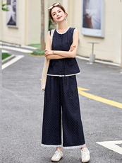 蕾丝花边拼接波点套装裤女2025夏季新款无袖马甲背心阔腿裤两件套，女装套装/套裙，沁沁公主