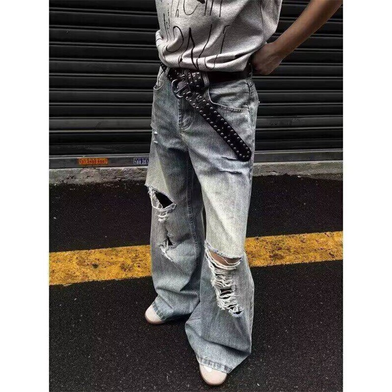 美式高街破洞cleanfit牛仔裤男女款夏季设计微喇长裤L11600-P50,男装牛仔裤,星座1008