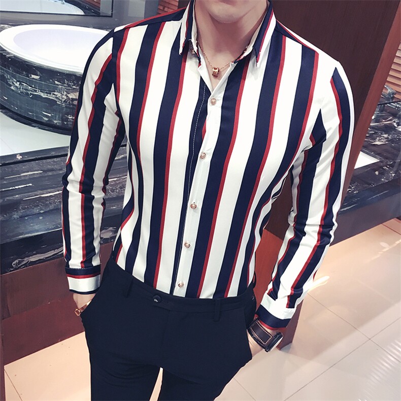 YC009-Q潮男宽条纹长袖衬衫夜店酒吧休闲衬衫衬衣理发师工作服,男装衬衫,星座717A