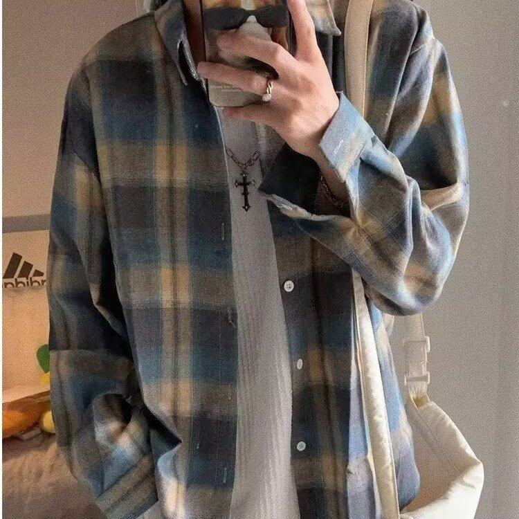 日系vintage格子衬衫男女初秋薄外套氛围感衬衣男款高街潮牌-SC09图片