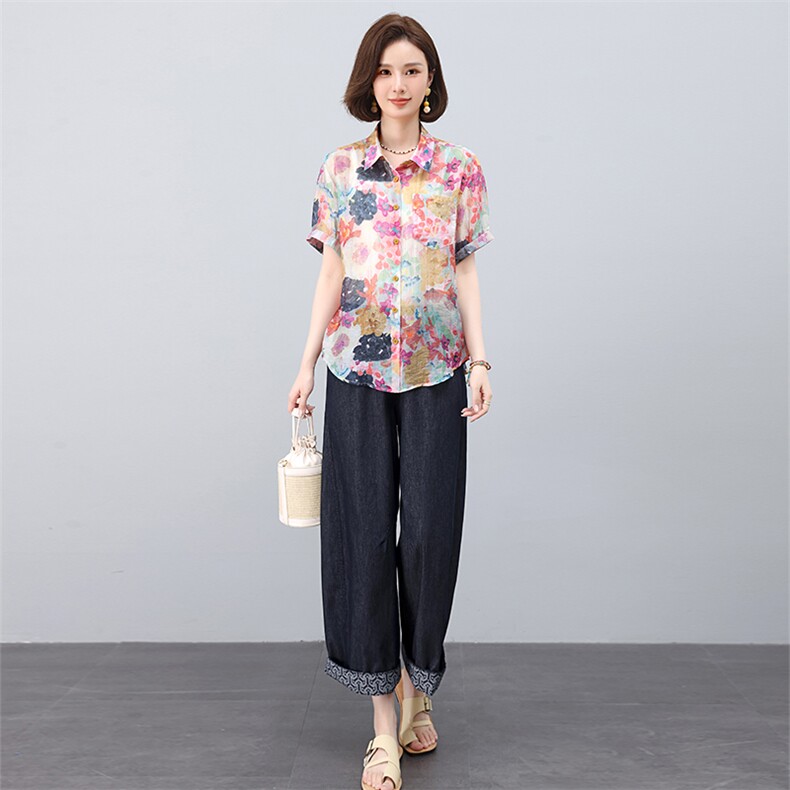 叶笙衣套装2552-132印花短袖复古花纹阔腿裤套装，女装套装/套裙，叶笙衣