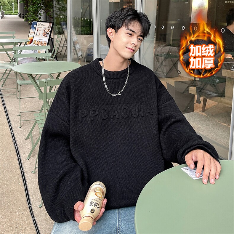 冬款韩版圆领毛衣男士加绒加厚套头oversize毛线衫MY106J加绒-P65,男装针织衫/毛衣,电商A001