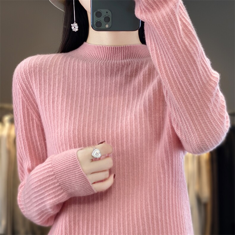 羊毛衫羊毛竖条花纹半高领女士时尚纯色简约,女装羊毛衫,九嘉羊绒