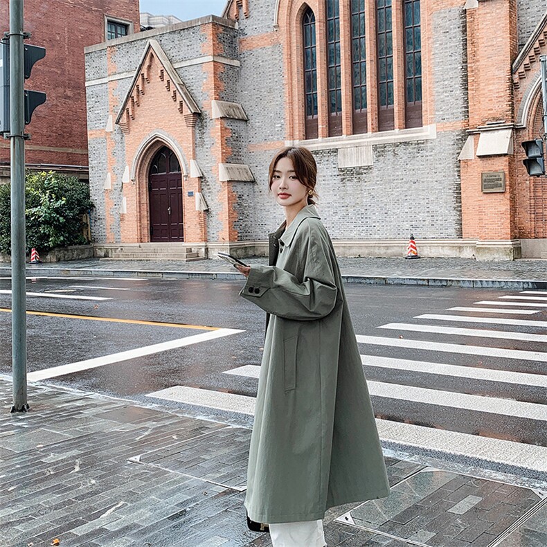 绿色中长款风衣外套女春秋2025新款港风复古减龄大码宽松大衣爆款，女装风衣，浙宝276（原081）