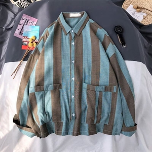 复古拼接口袋条纹衬衫男装长袖春帅气休闲衬衣薄款外套LS844P37,宽松条纹衬衣搭配什么外套好看吗图片