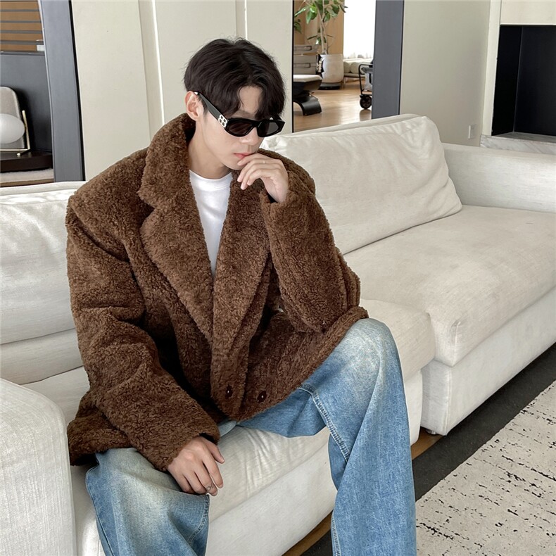 港风泰迪绒短款纯色西装大衣高级感毛呢大衣外套男77938P128控188，男装风衣，星座226-1