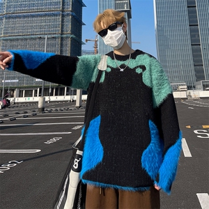 撞色拼接毛衣男宽松慵懒风针织衫美式复古马海毛圆领外套图片