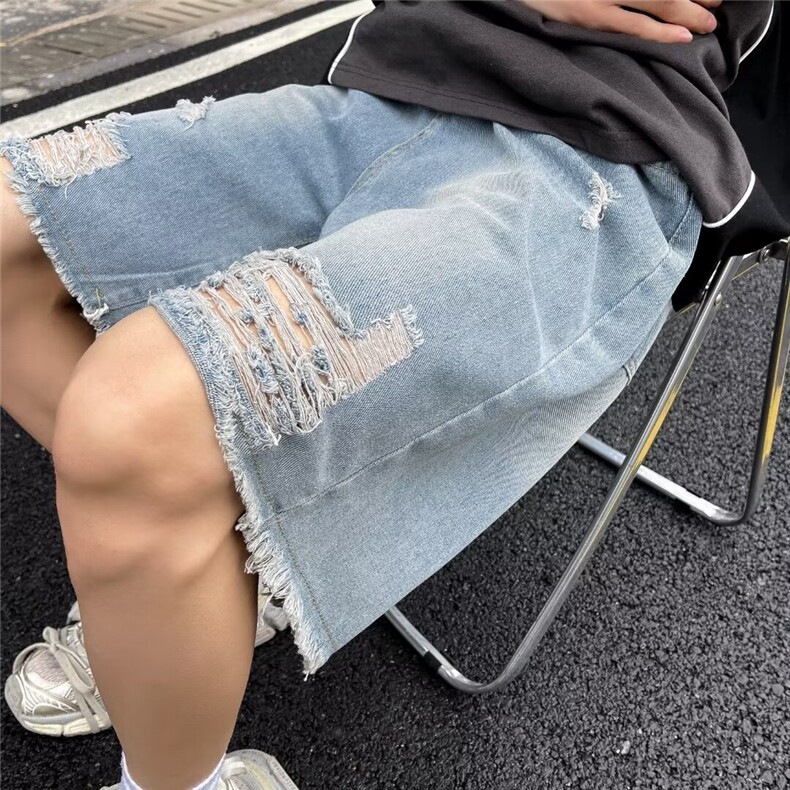 破洞牛仔短裤男夏季薄款裤子潮牌休闲宽松马裤美式外穿五分裤图片