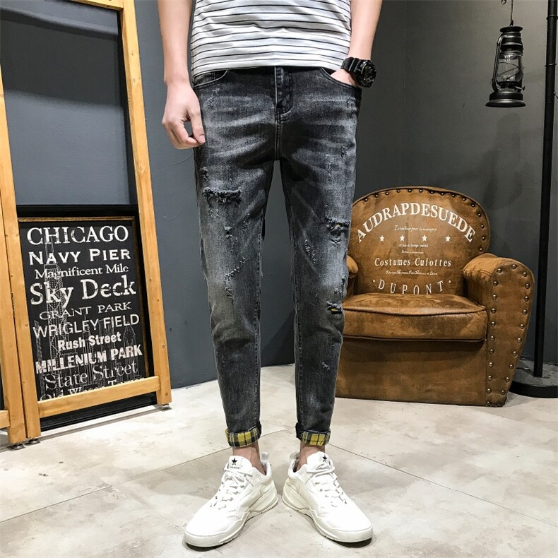 2021秋冬款破洞贴布弹力牛仔裤男微跨小脚裤QT6027-1002图片