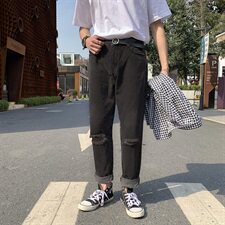 夏季新品破洞牛仔裤男直筒宽松老爹裤九分潮流港风裤子，男装牛仔裤，星座1008