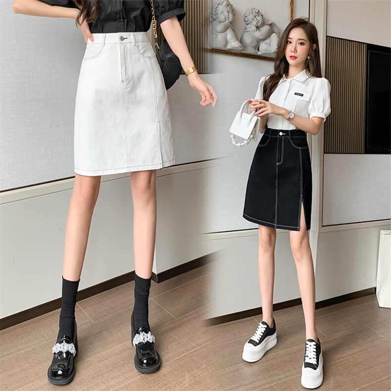 时尚洗水开叉半身裙夏季2023撞色线黑色A字通勤牛仔白色短裙,女装半身裙,梦白服饰厂