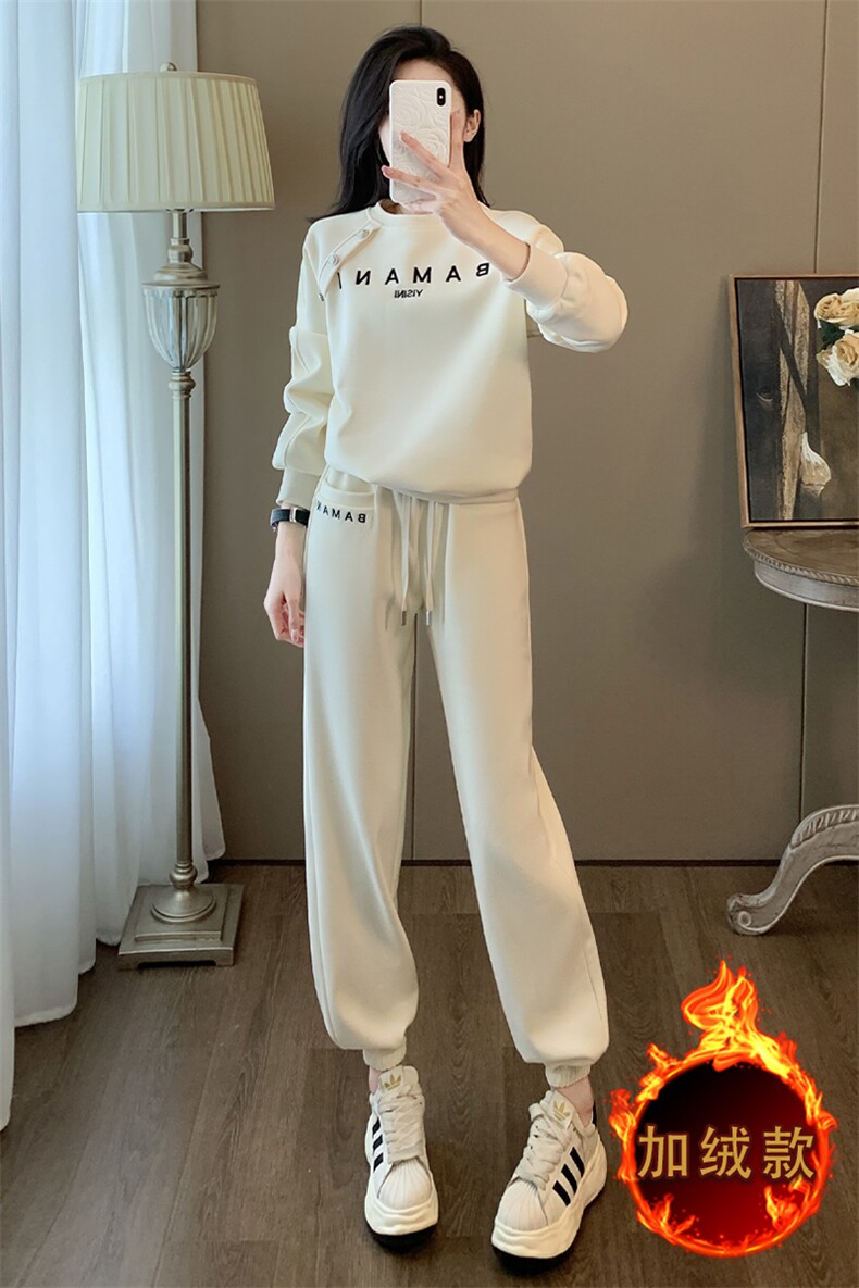 女秋冬新款加绒字母印花圆领卫衣卫裤套装,女装套装/套裙,江南
