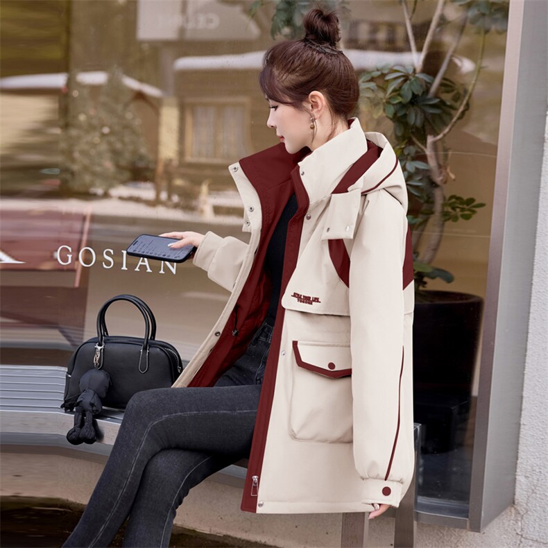 羽绒服明星同款2025冬季新品收腰冲锋衣中长款派克服外套女户外,女装羽绒服,意芙