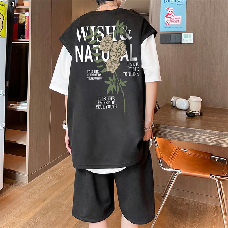 直播美式麂皮绒宽松背心无袖t恤短裤大码两件套套装TZ44-P58,男装T恤,电商A486