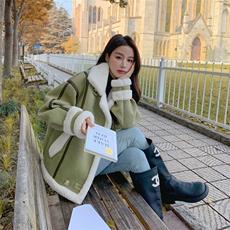 米白色皮衣一体羊羔毛外套女冬2024新款加绒加厚美式机车棉服夹克，女装毛呢外套，帛香坊