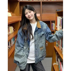 春季2025新款宽松韩版百搭bf灯芯绒拼接翻领牛仔短外套 J2605图片