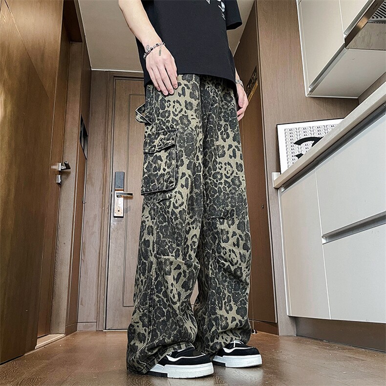 港风夏款男牛仔裤豹纹工装大口袋织带直筒宽松长裤NK0933P65,男装牛仔裤,星座1013-1