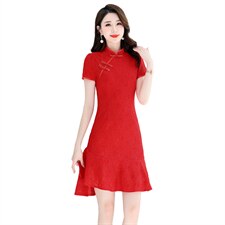 夏季红色蕾丝旗袍连衣裙女改良高端洋气妈妈送考高考年轻款裙子夏，女装连衣裙，鑫鑫美