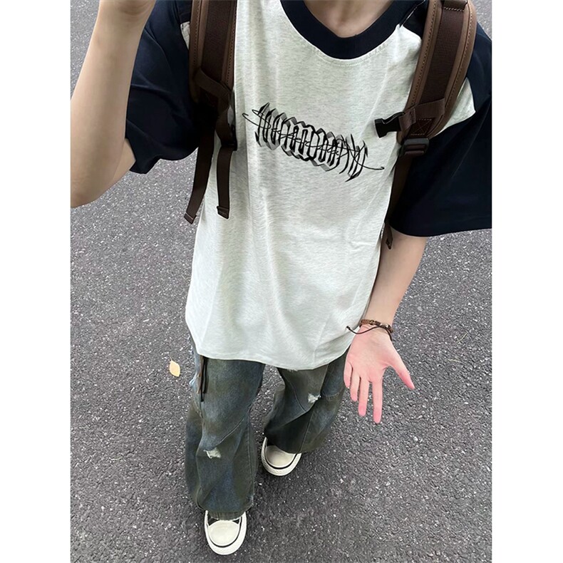 抖音得物高品质二开240克宽松纯棉美式潮牌插肩袖拼接短袖T恤,男装T恤,电商A486