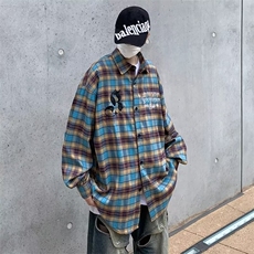 美式街头复古格子长袖衬衫男潮牌嘻哈刺绣宽松休闲百搭衬衣，男装衬衫，星座716-3