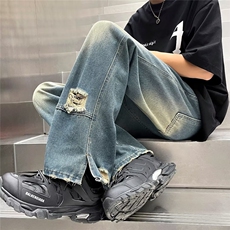 青春流行ins男直筒水洗破洞牛仔裤P45，男装牛仔裤，星座1116-2
